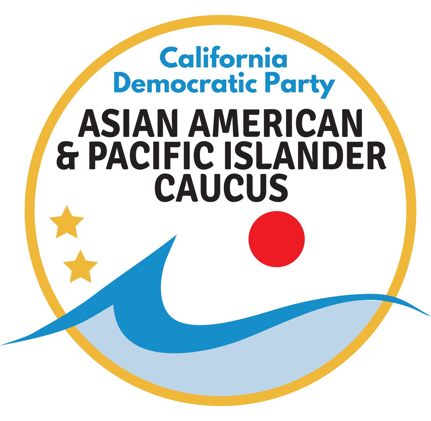 Asian American Pacific Islander Caucus of the California Democratic Party logo. Blue wave and gold circle